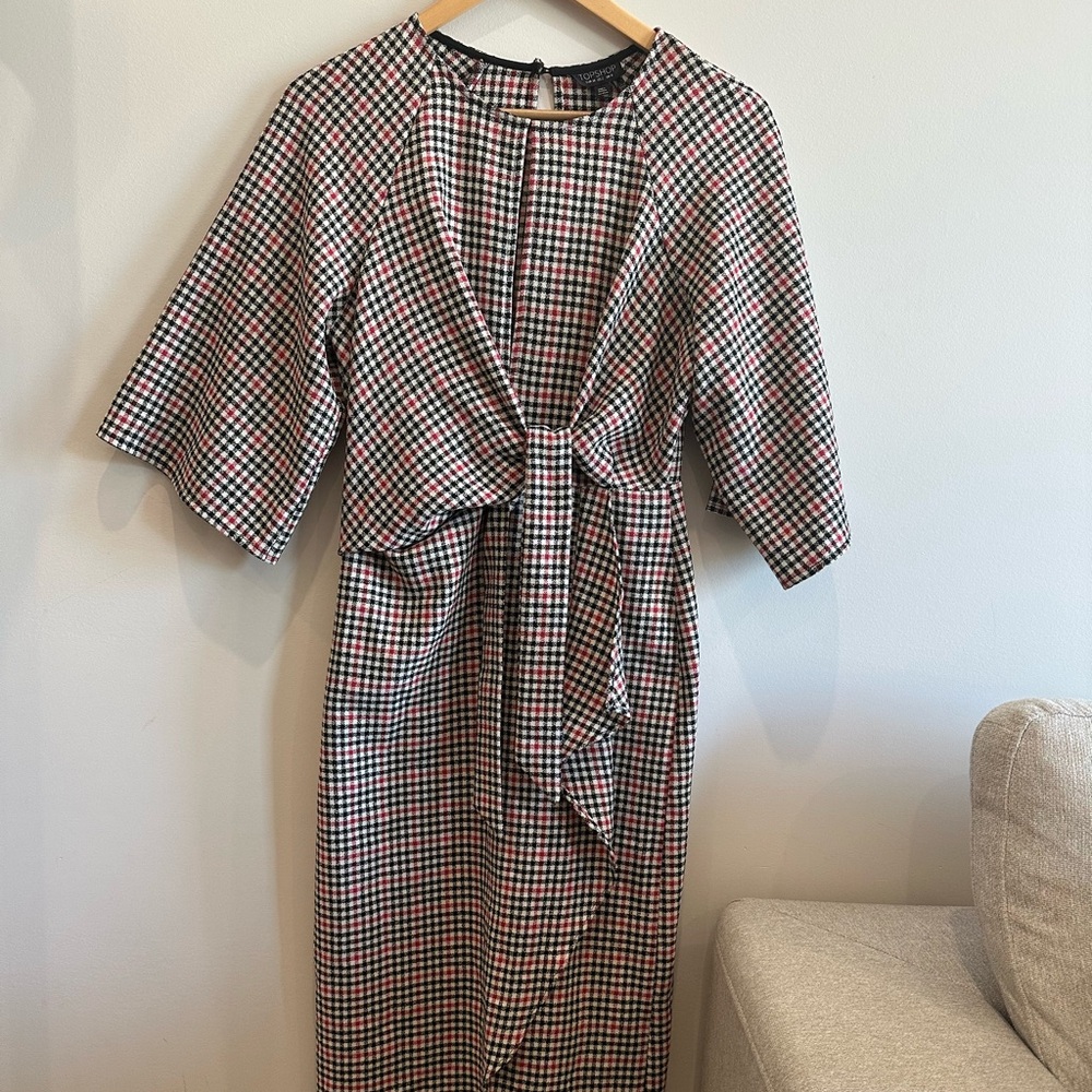 Houndstooth Midi Dress with Tie Front